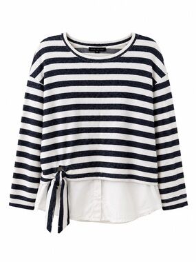 Sanctuary Striped Oversized Sweater with Layered Shirt Hem - Size S Navy White